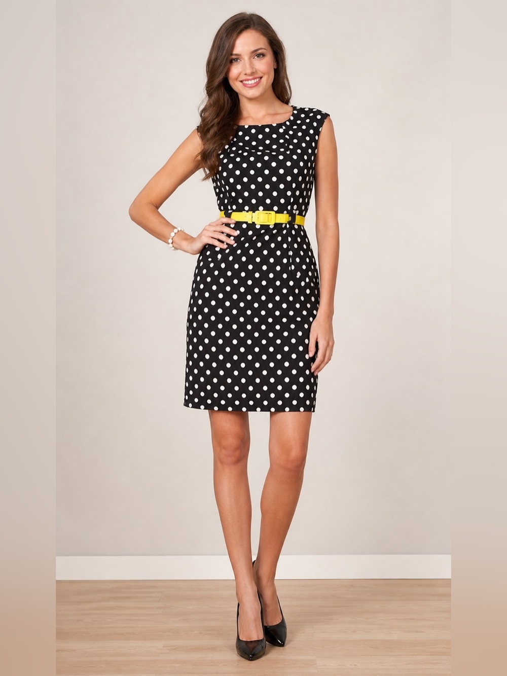 Emma & Michele Black and White Polka Dot Midi Dress with Yellow Belt